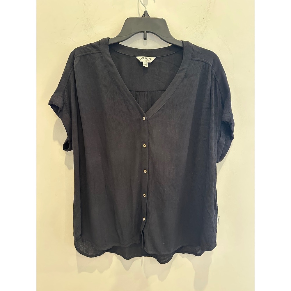 Orvis Black Rayon Crinkle Button Down Blouse Short Sleeve Top Womens Medium